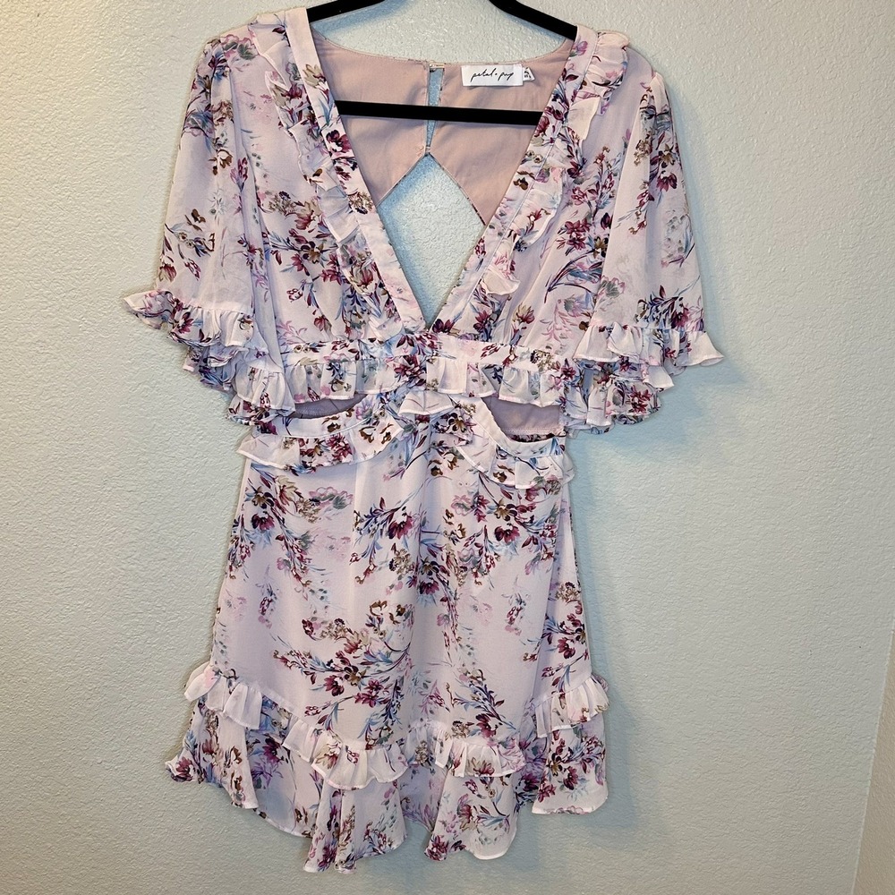 Petal‎ & Pup Fairycore V-Neck Floral Mini Dress Size 6 Open Back Ruffle Cutouts